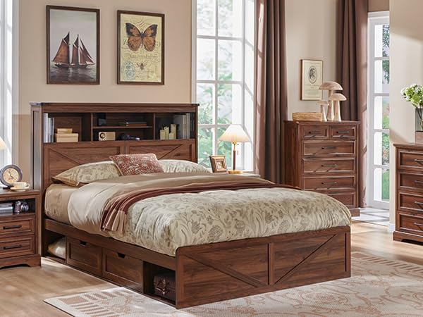 Brown Full Bed with LED Storage Headboard & 4 Drawers