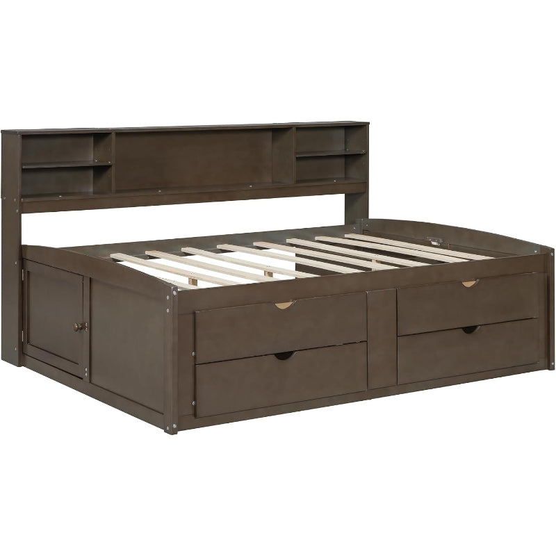 Antique Brown Full Solid Wood Daybed with Drawers