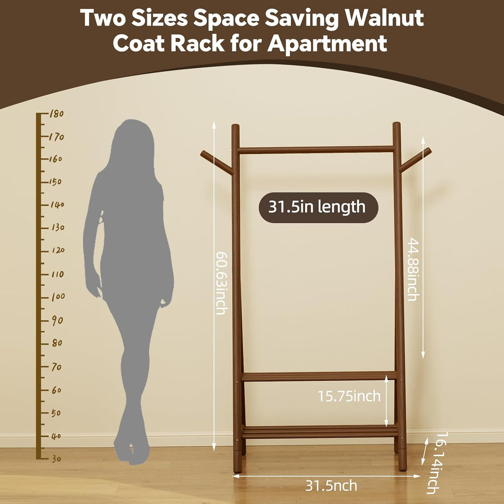 Solid Wood Garment Rack with 2 Shelves & Hooks, Walnut