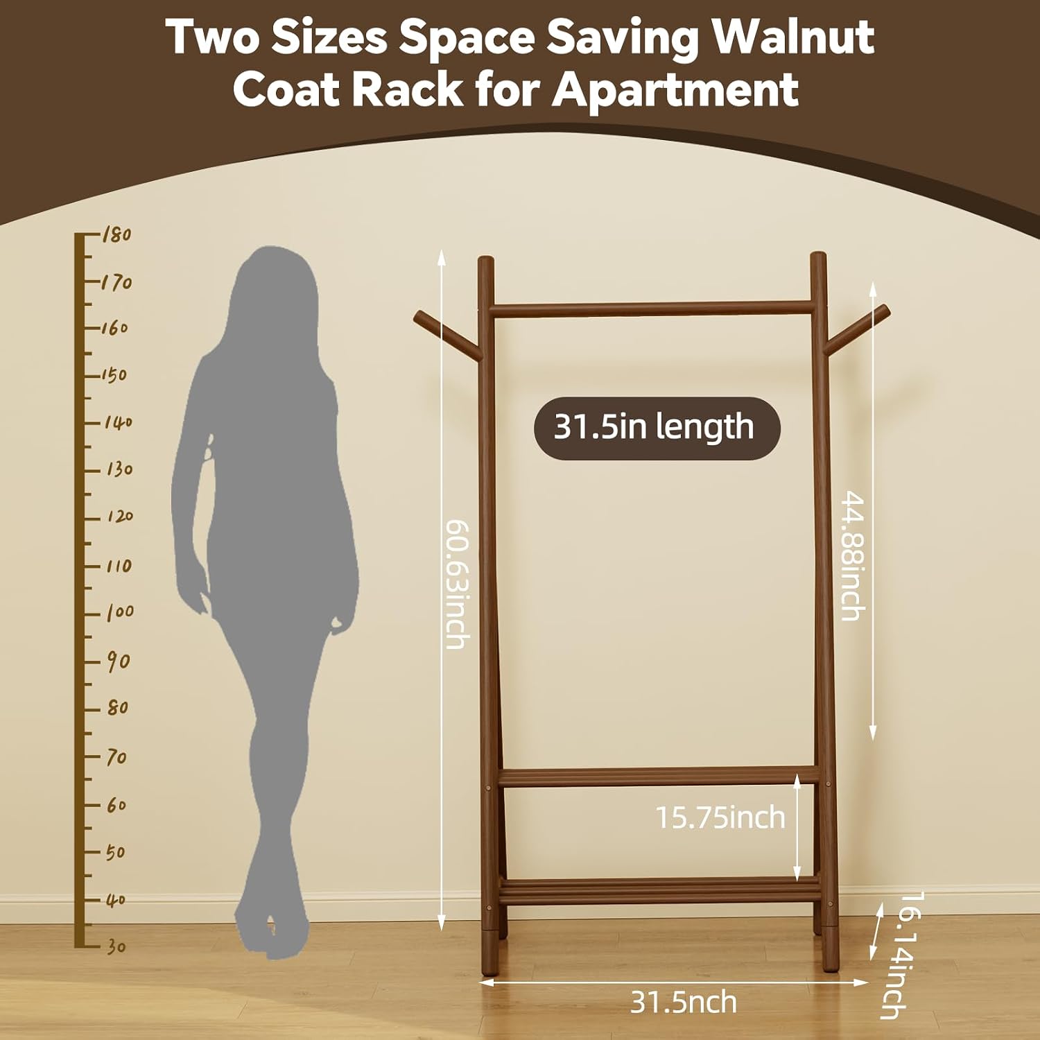 Solid Wood Garment Rack with 2 Shelves & Hooks, Walnut