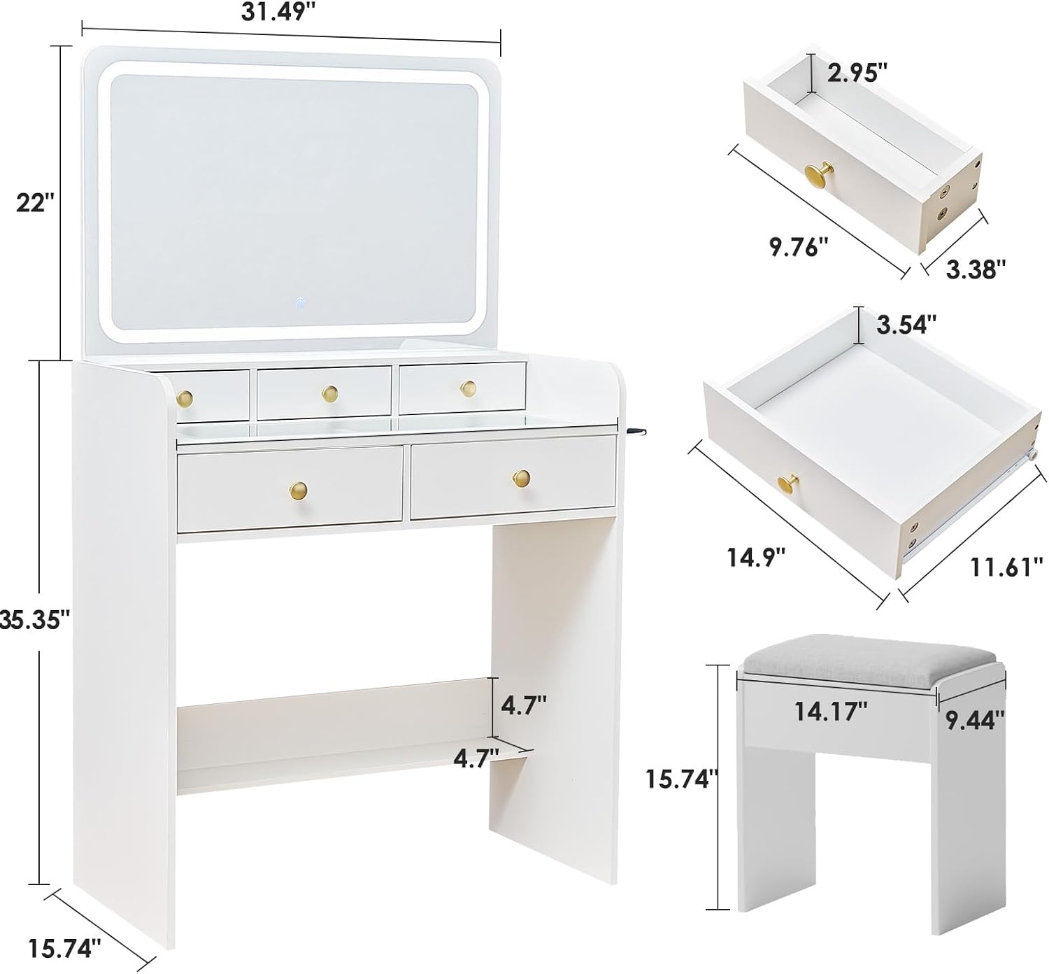 White Glass Top LED Vanity Set with 5 Drawers