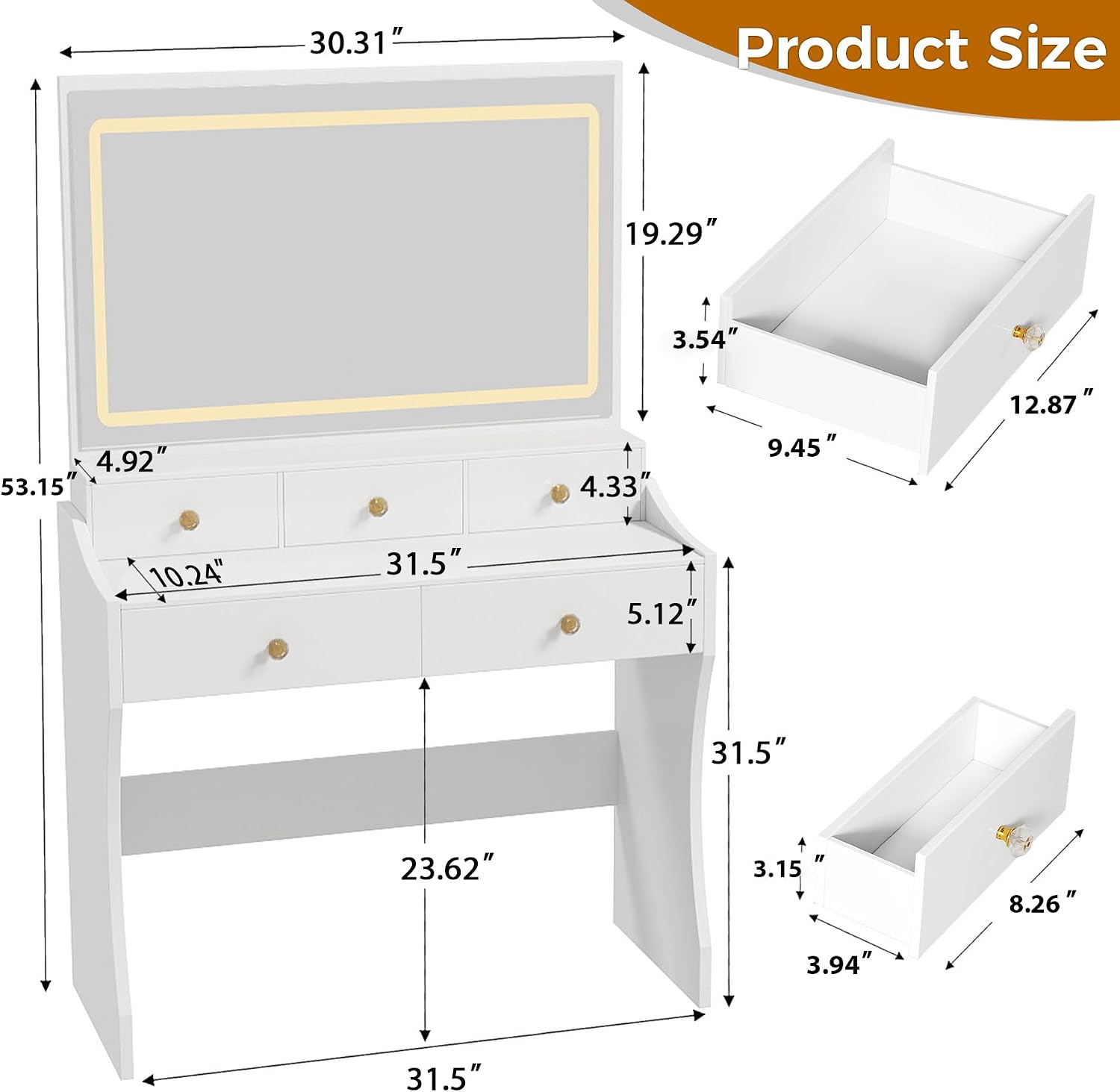 Pearl White LED Vanity Set with 5 Drawers