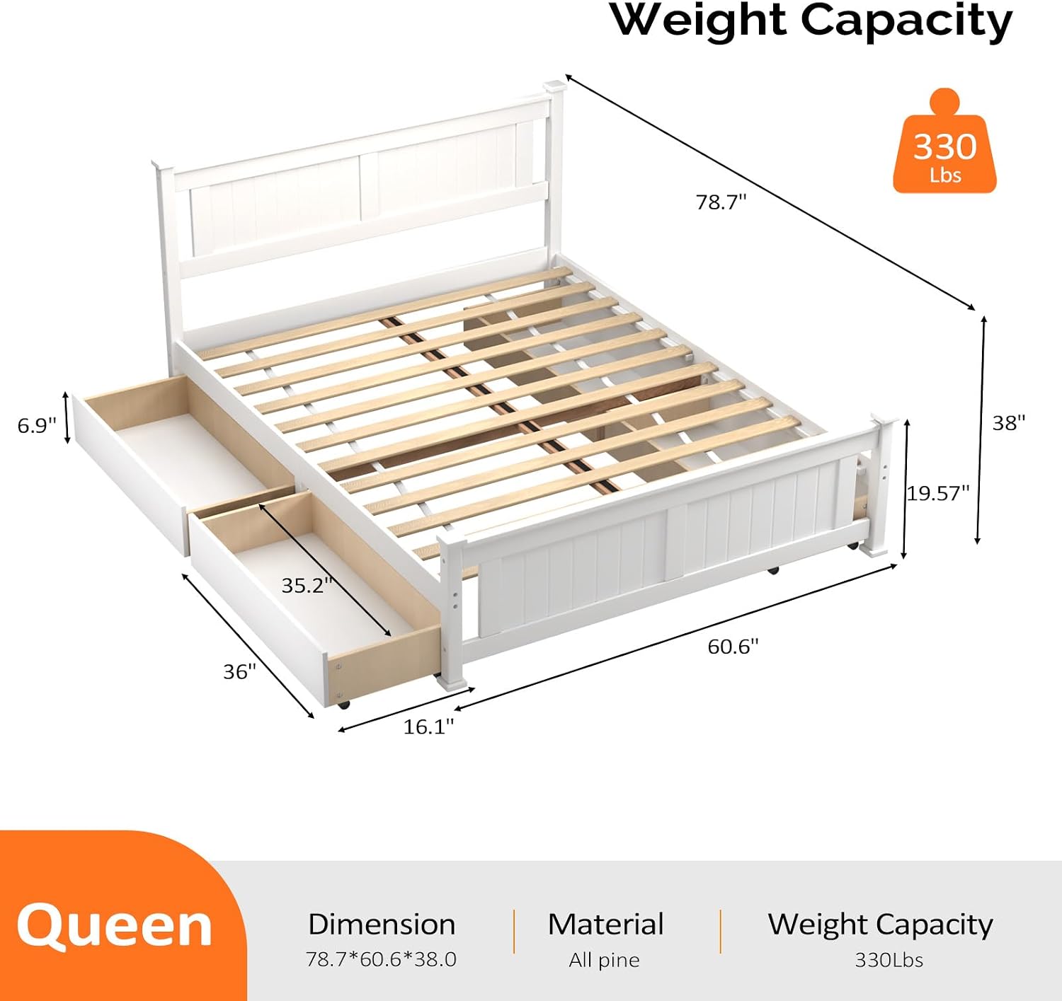 Queen Solid Wood Bed with 4 Drawers