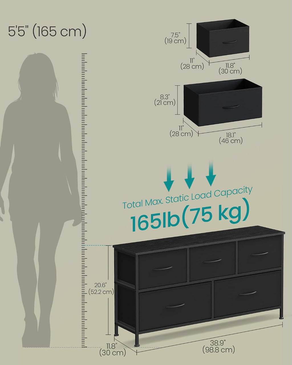 Wide 5-Drawer Fabric Dresser