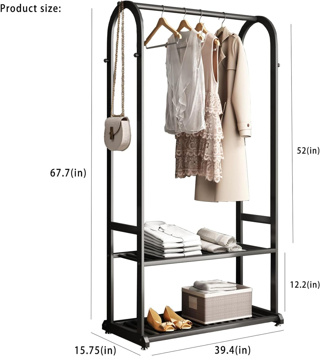 Black Metal Garment Rack with Shelves & 6 Hooks