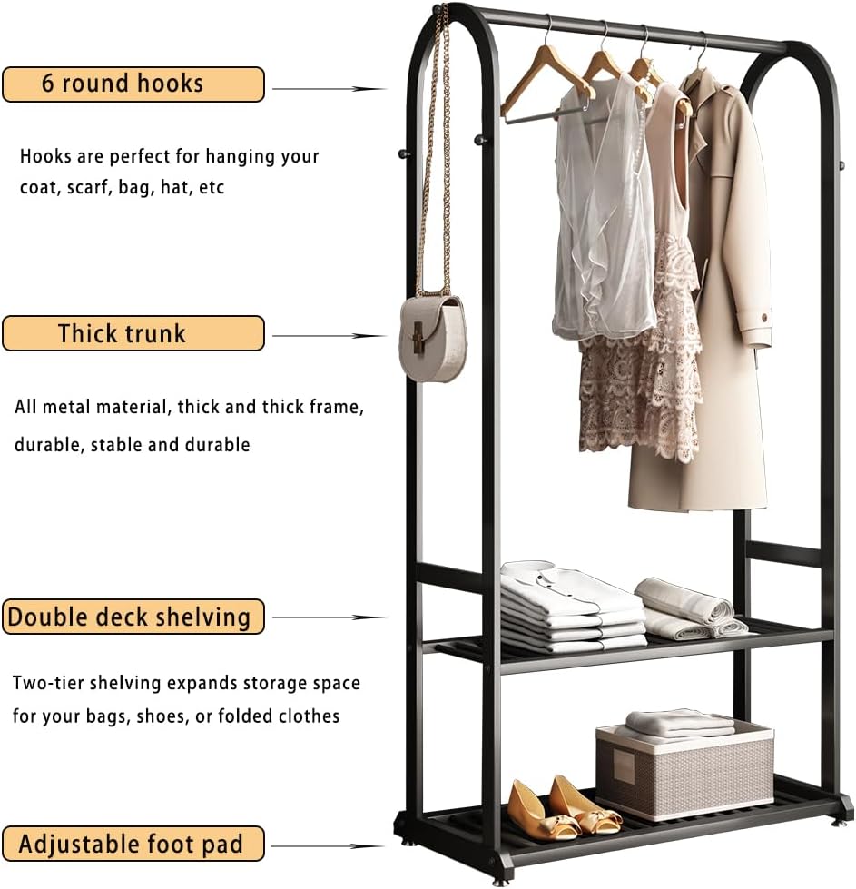 Black Metal Garment Rack with Shelves & 6 Hooks