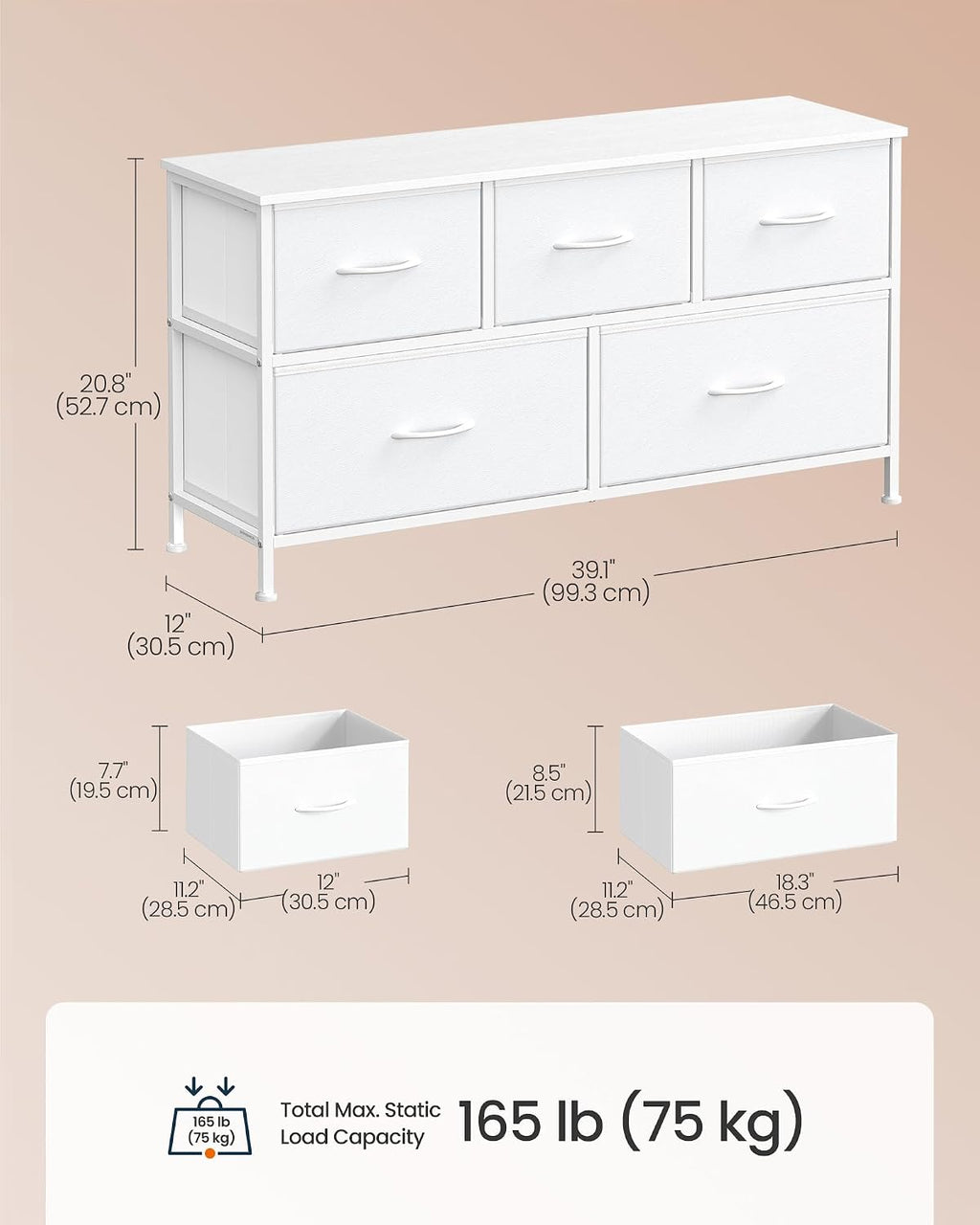 5-Drawer Fabric Dresser, White