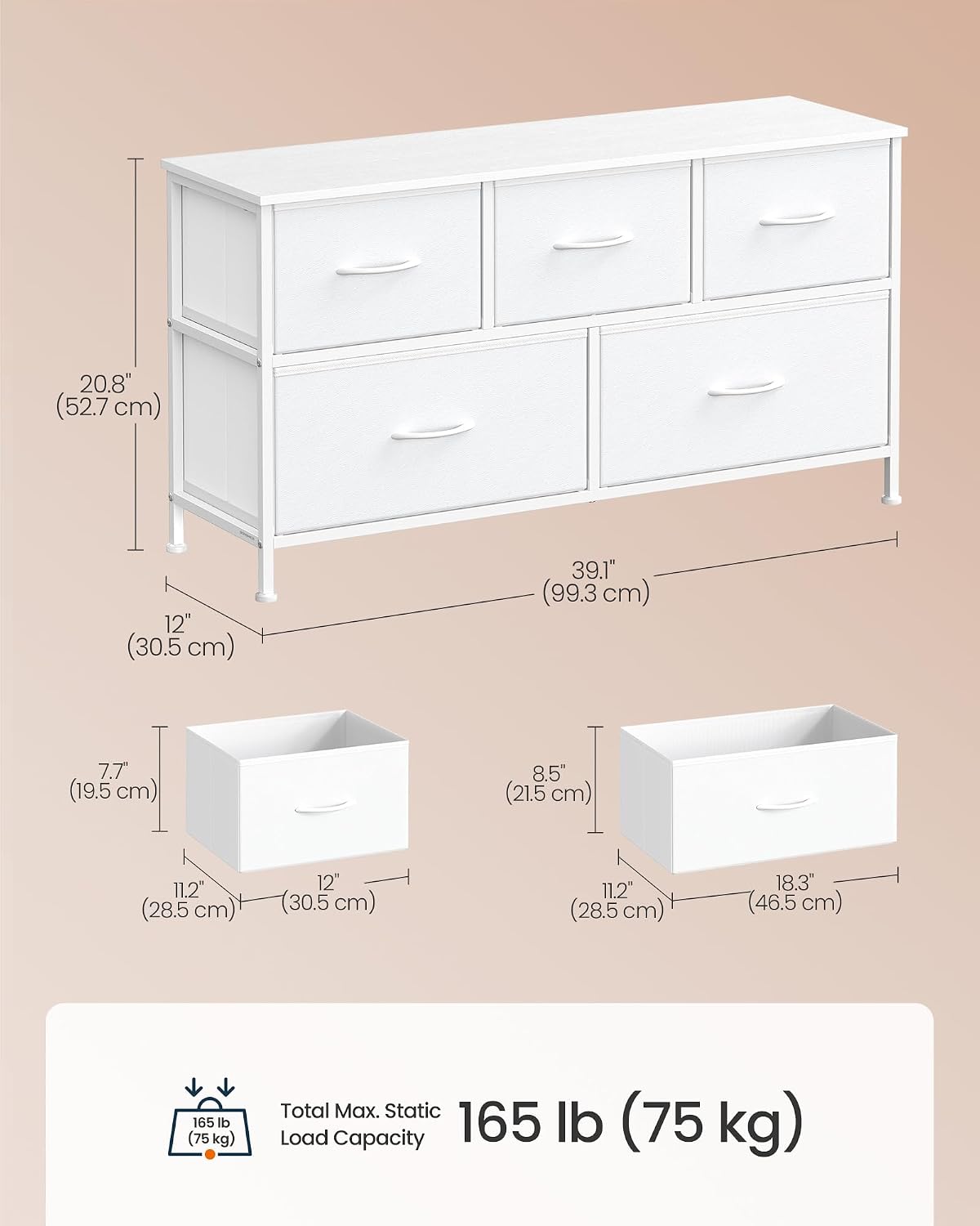 5-Drawer Fabric Dresser, White