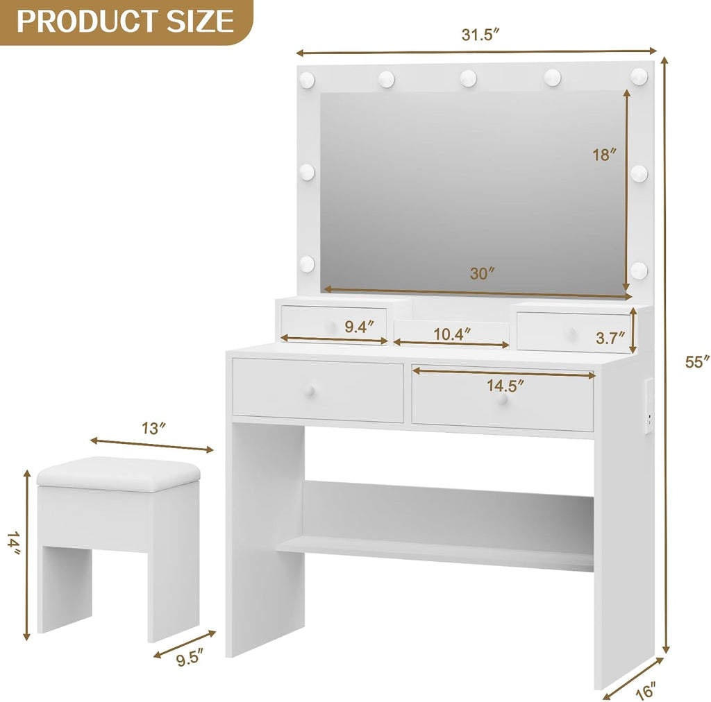 White LED Vanity Desk Set with Chair