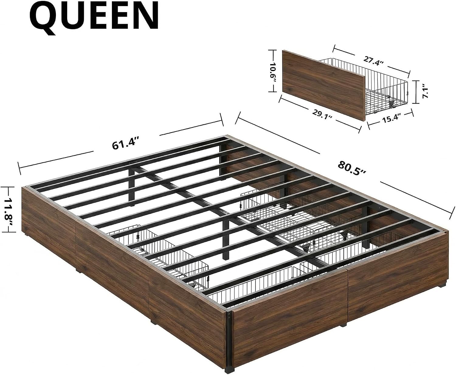 Dark Walnut Queen Bed with 4 Drawers
