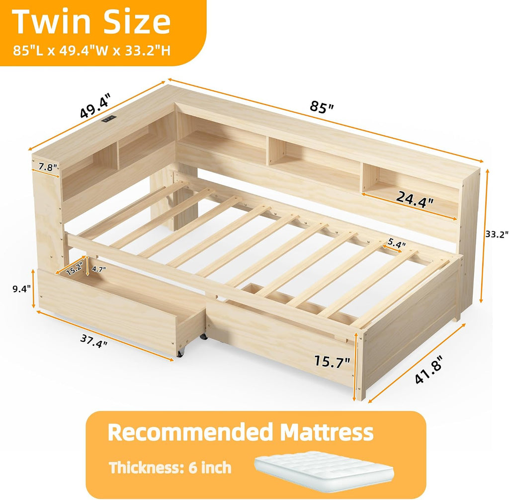 Natural Wood Corner Daybed with Storage & LED