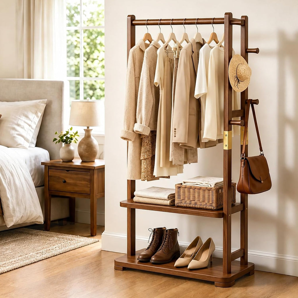 Solid Wood Garment Rack with 2 Shelves & 5 Hooks