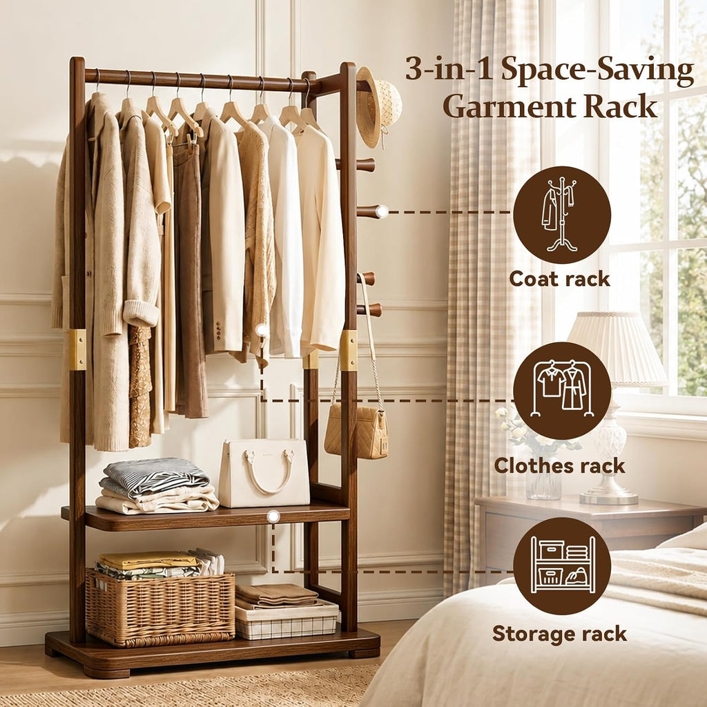 Solid Wood Garment Rack with 2 Shelves & 5 Hooks