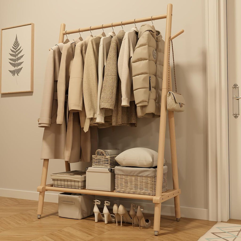 Solid Wood Rolling Garment Rack with Shelves, Natural