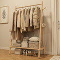 Solid Wood Rolling Garment Rack with Shelves, Natural