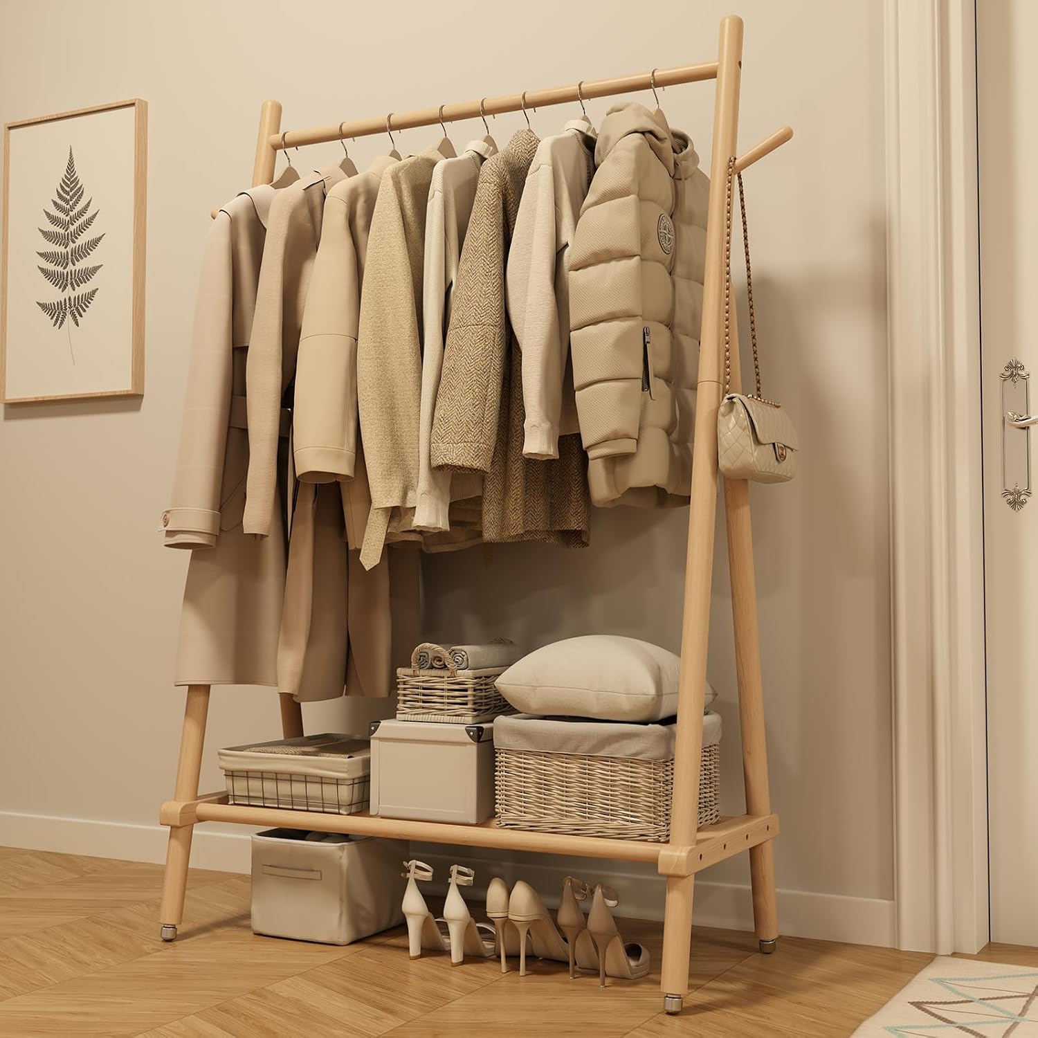 Solid Wood Rolling Garment Rack with Shelves, Natural