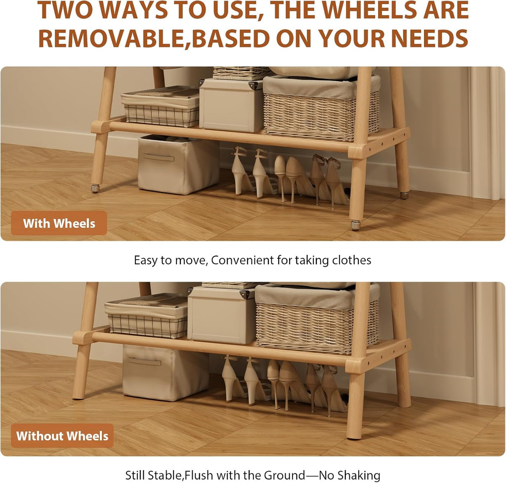 Solid Wood Rolling Garment Rack with Shelves, Natural