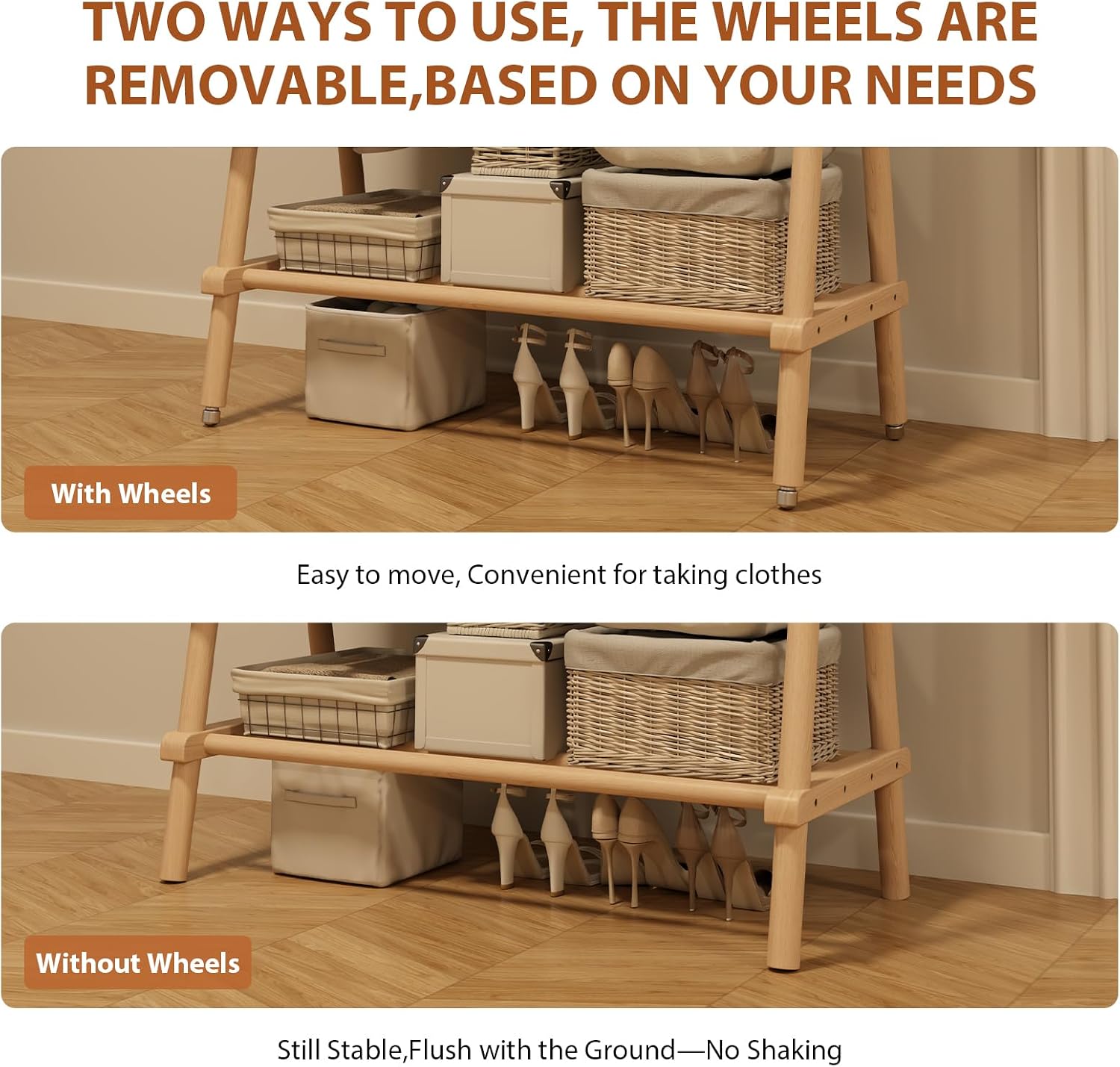 Solid Wood Rolling Garment Rack with Shelves, Natural