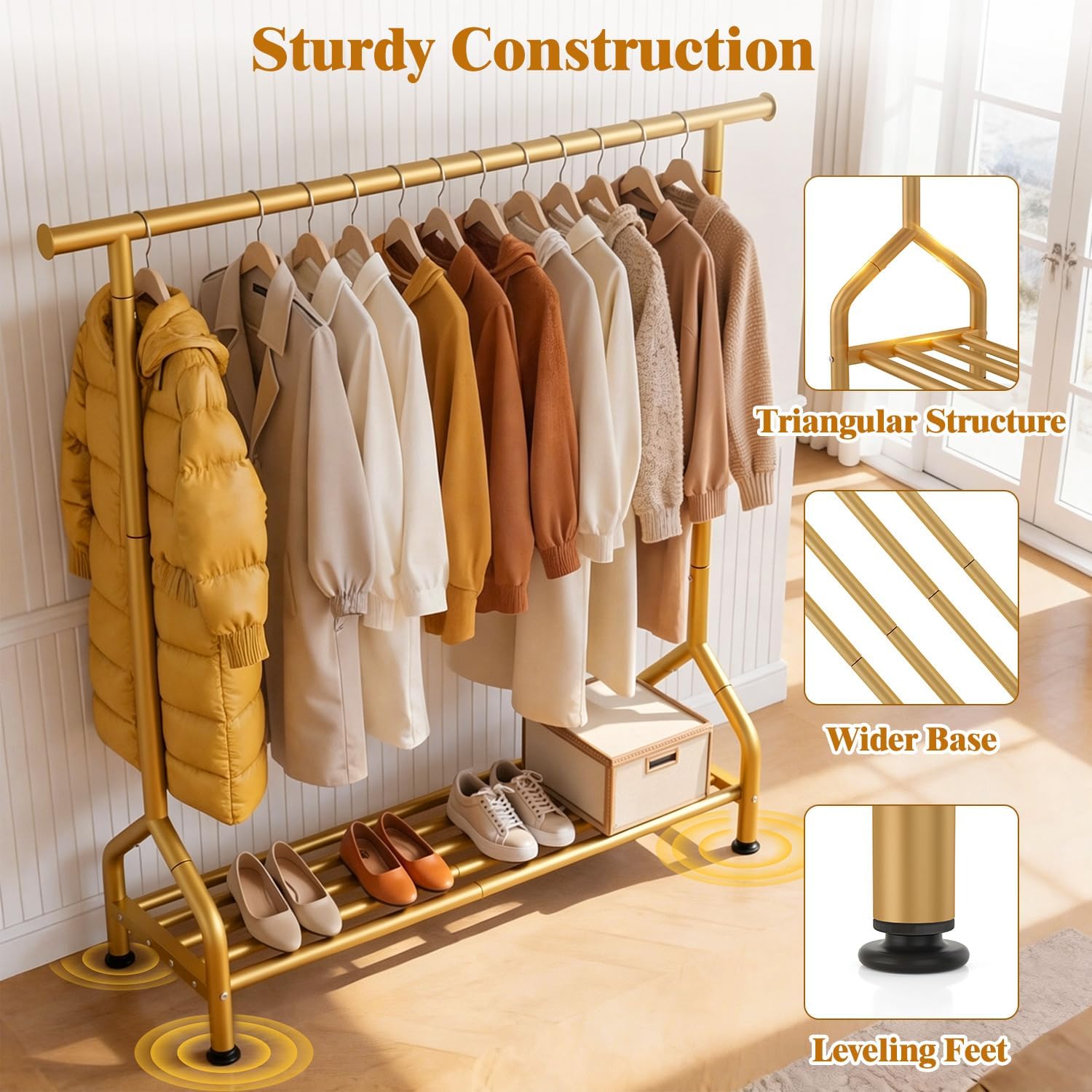 Gold Metal Garment Rack with Shelf