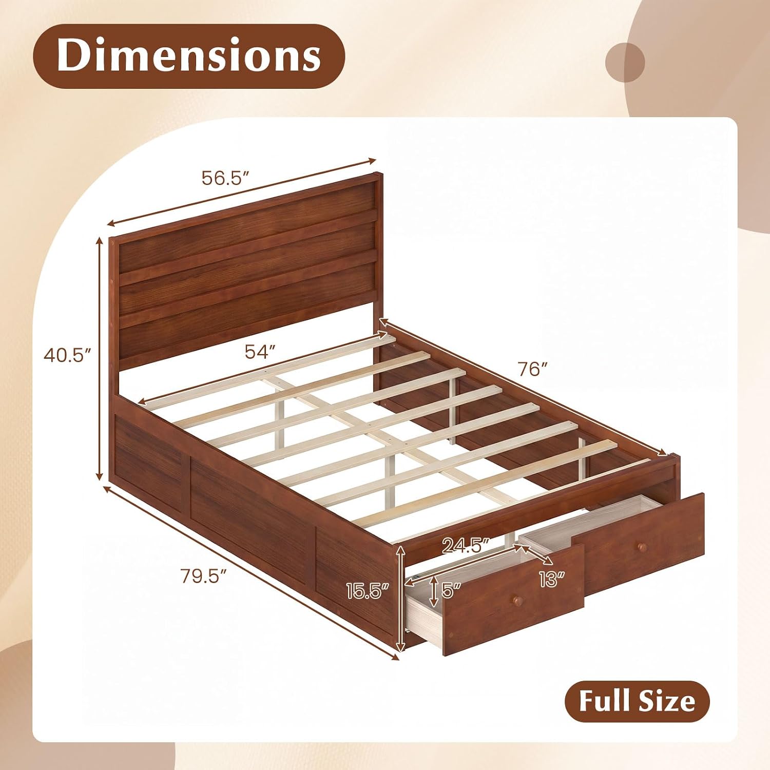 Walnut Full Bed with Storage Drawers