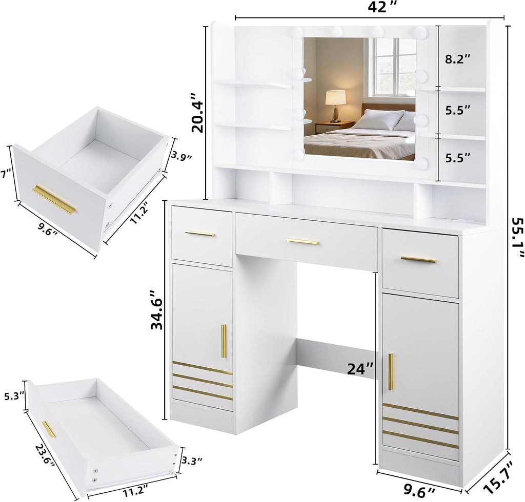 42" White LED Vanity Desk with Power Outlet & Storage