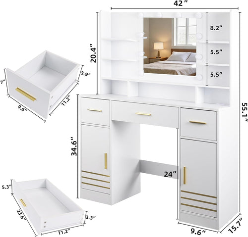 42" White LED Vanity Desk with Power Outlet & Storage