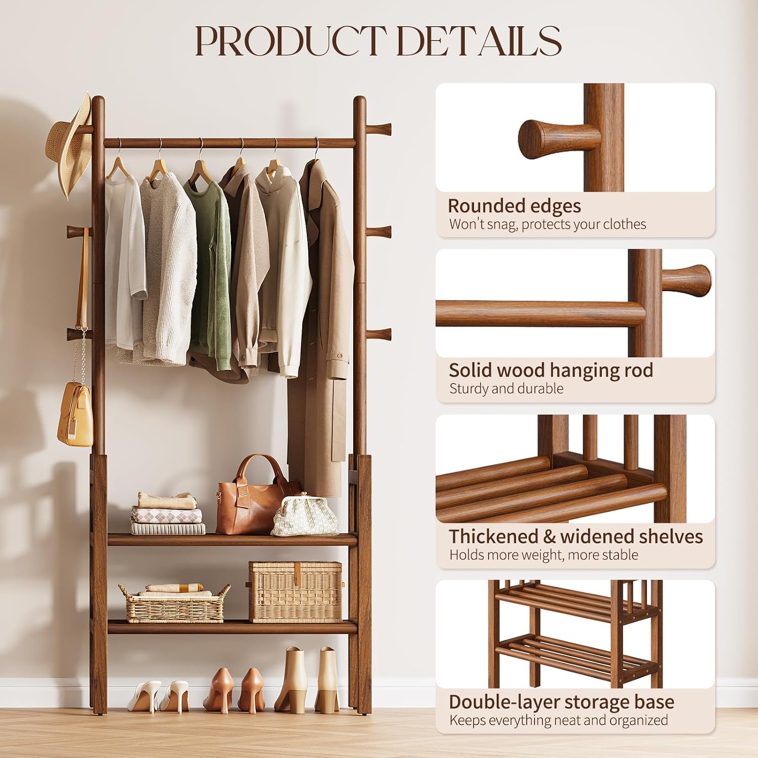 Solid Wood Garment Rack with Shelves & Hooks