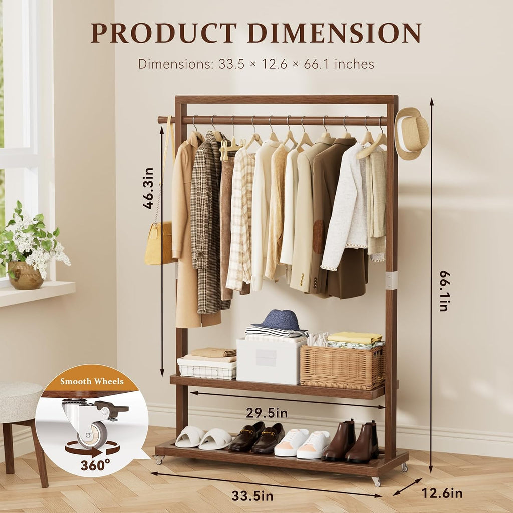 Solid Wood Clothing Rack with Wheels & 2 Shelves
