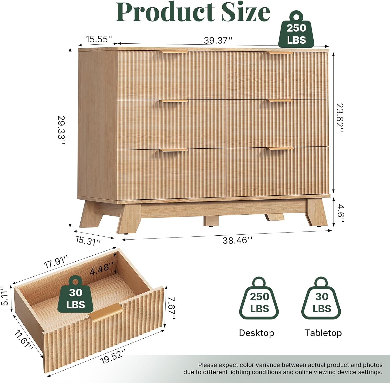 6 Drawer Fluted Dresser, 39.4" Wide