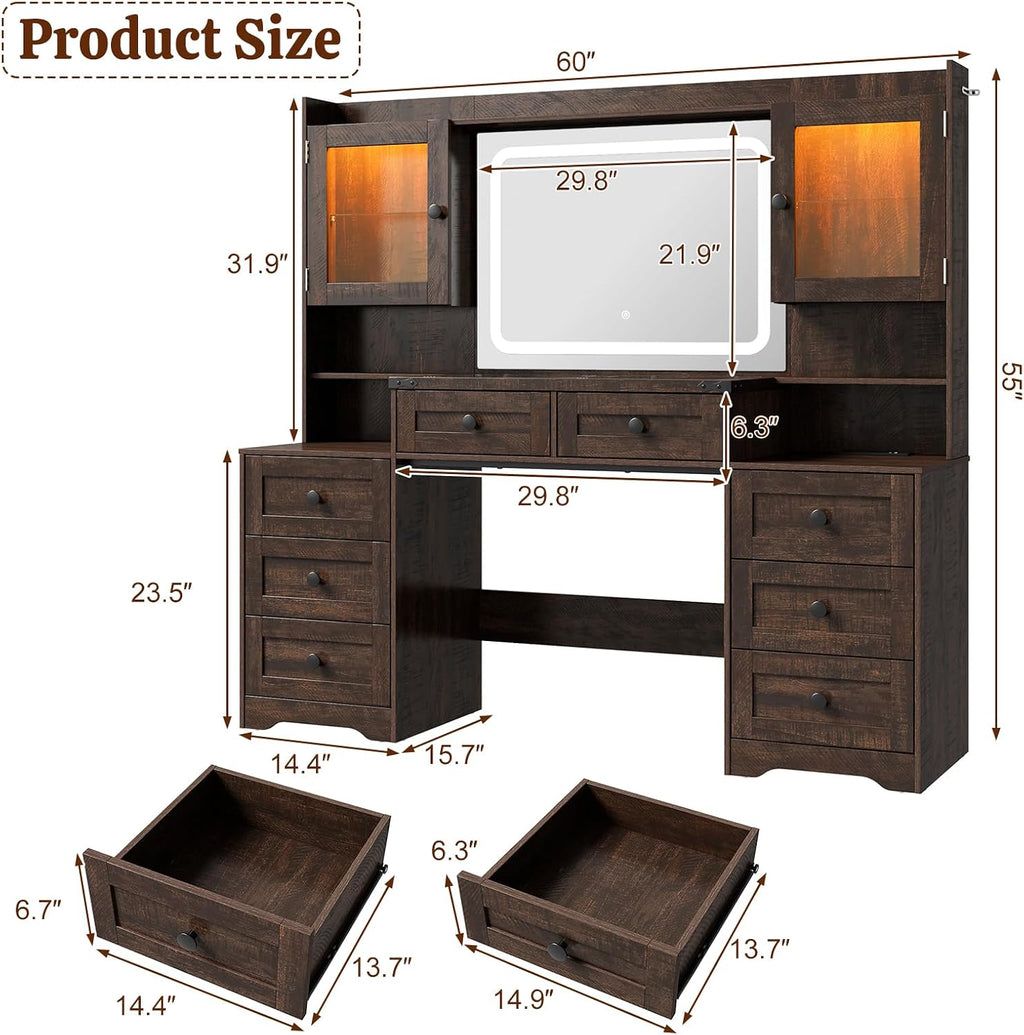 60" Farmhouse LED Glass Vanity, Rustic Brown