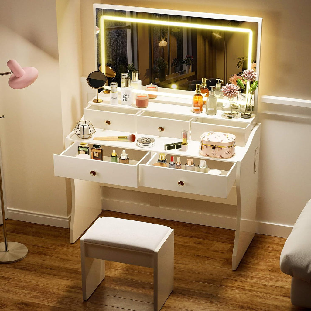 Pearl White LED Vanity Set with 5 Drawers