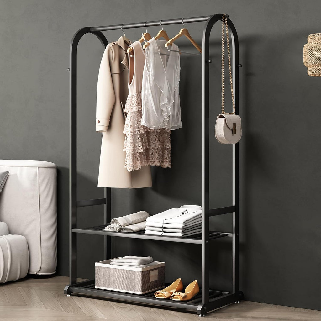 Black Metal Garment Rack with Shelves & 6 Hooks