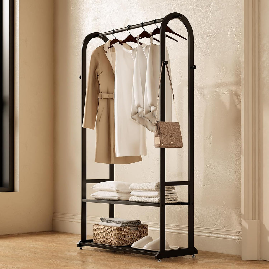 turdy Black Metal Garment Rack with Shelves & Hooks