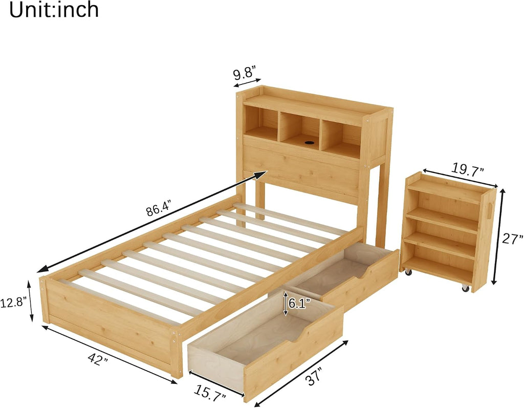 Natural Twin Bed with Storage Headboard & Drawers
