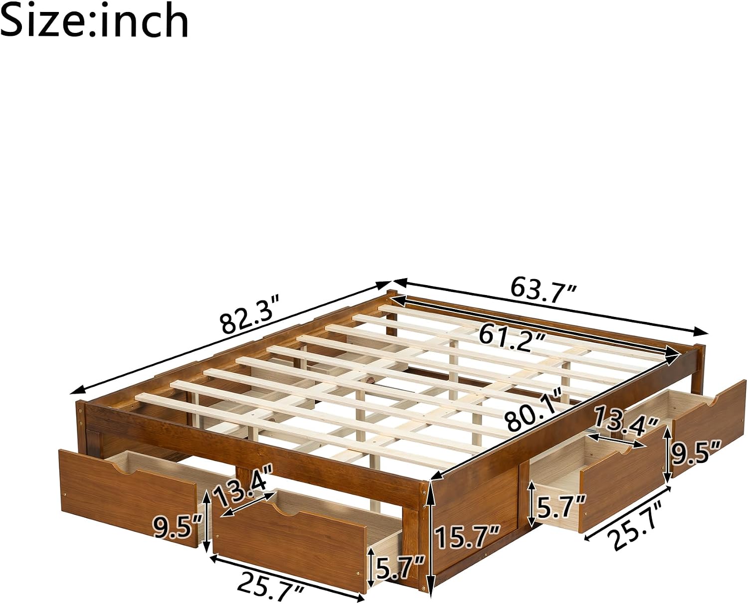 Walnut Queen Bed with 6 Storage Drawers