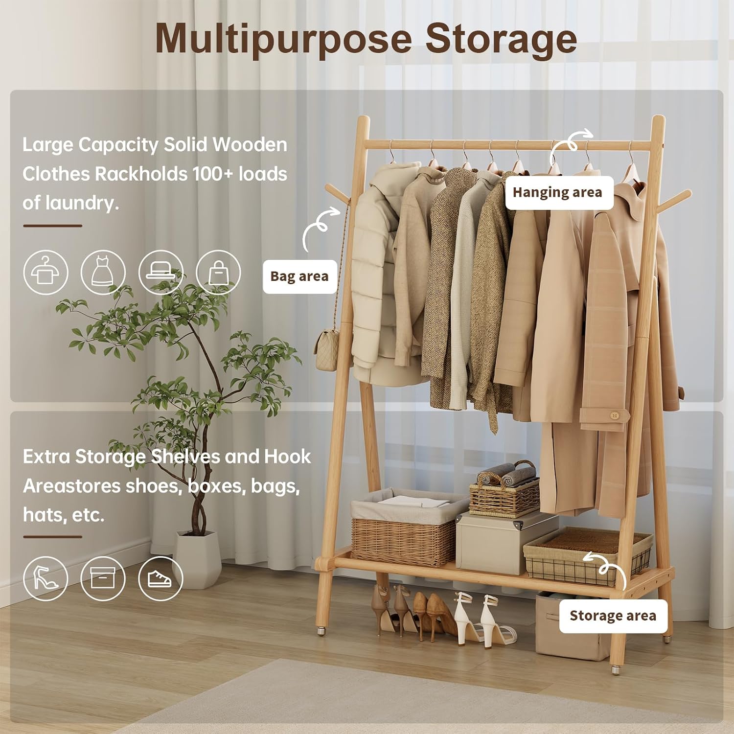 Solid Wood Rolling Garment Rack with Shelves, Natural