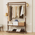 Solid Wood Clothing Rack with Wheels & 2 Shelves