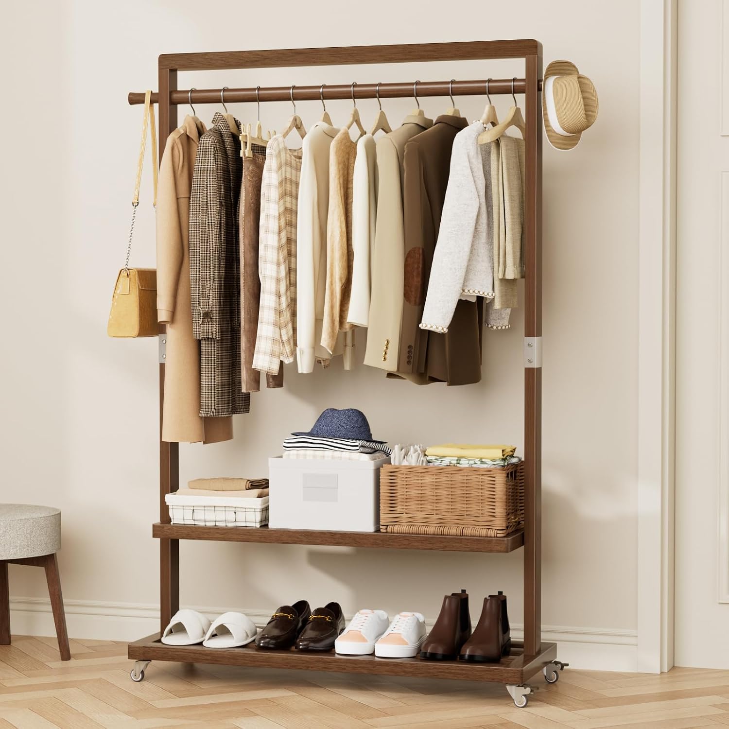 Solid Wood Clothing Rack with Wheels & 2 Shelves