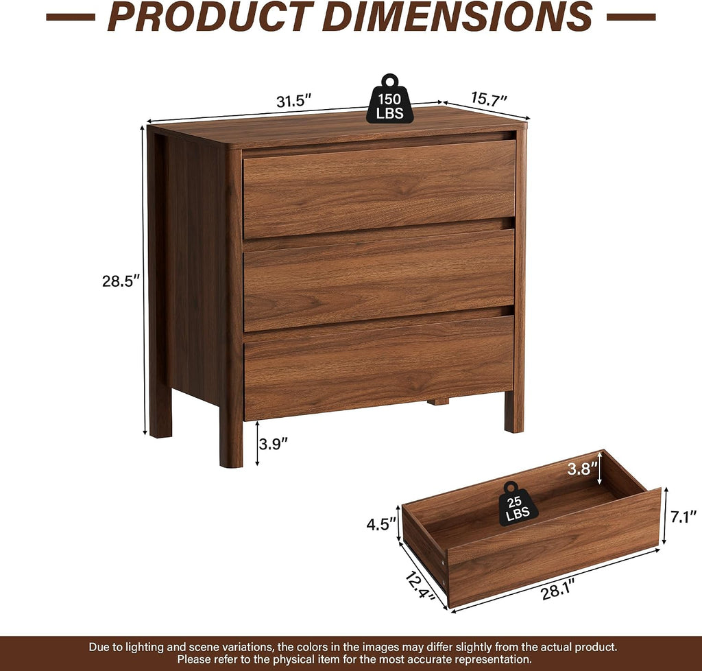 31.5" 3-Drawer Mid-Century Dresser, Walnut