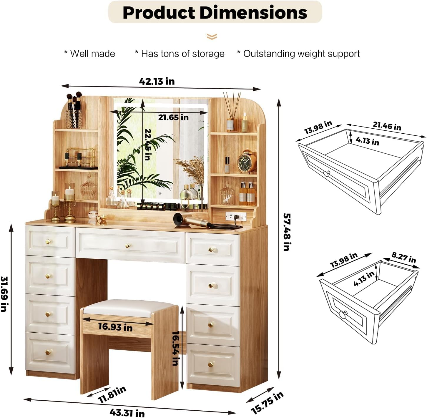 43" Oak Glass Top LED Vanity Set