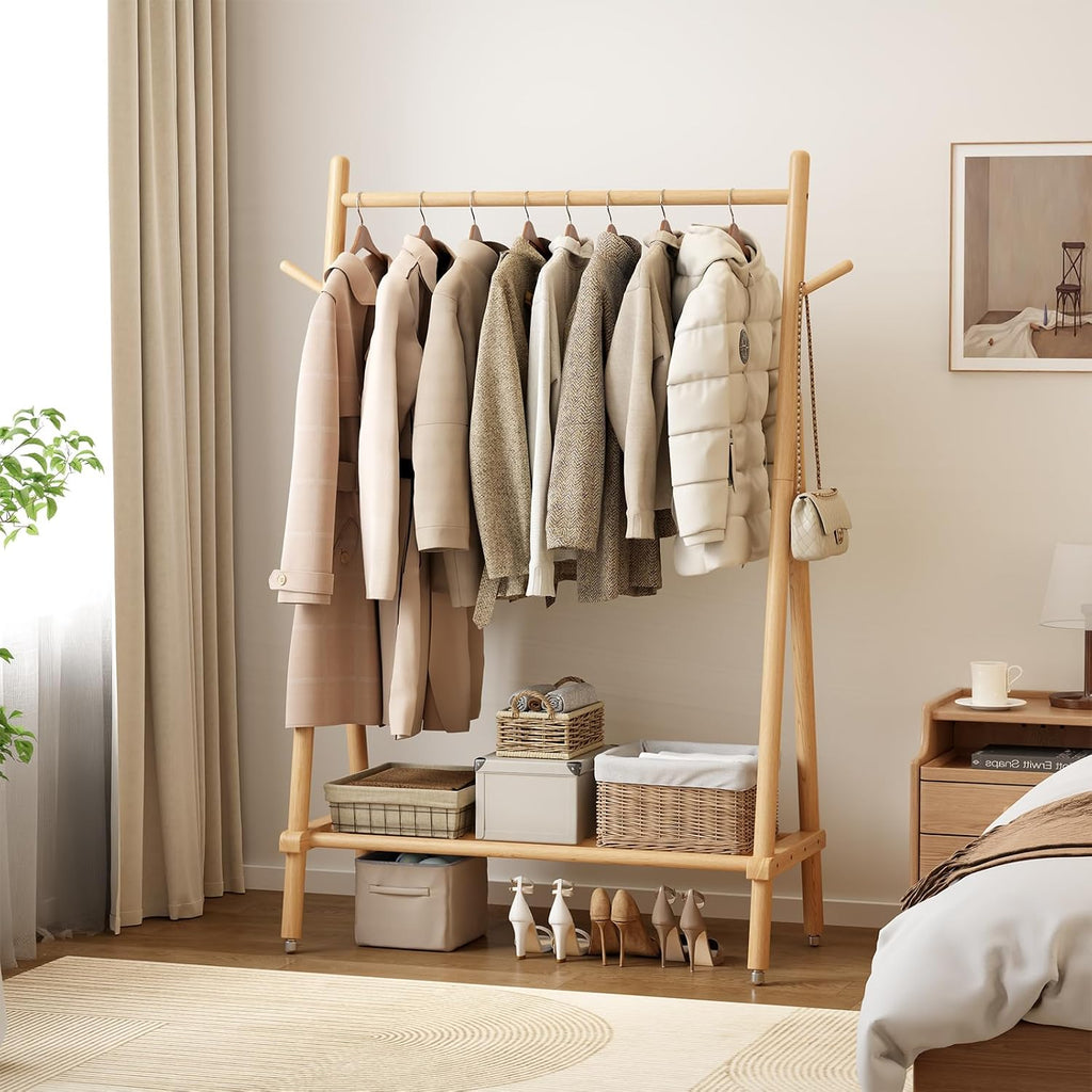 Solid Wood Rolling Garment Rack with Shelves, Natural