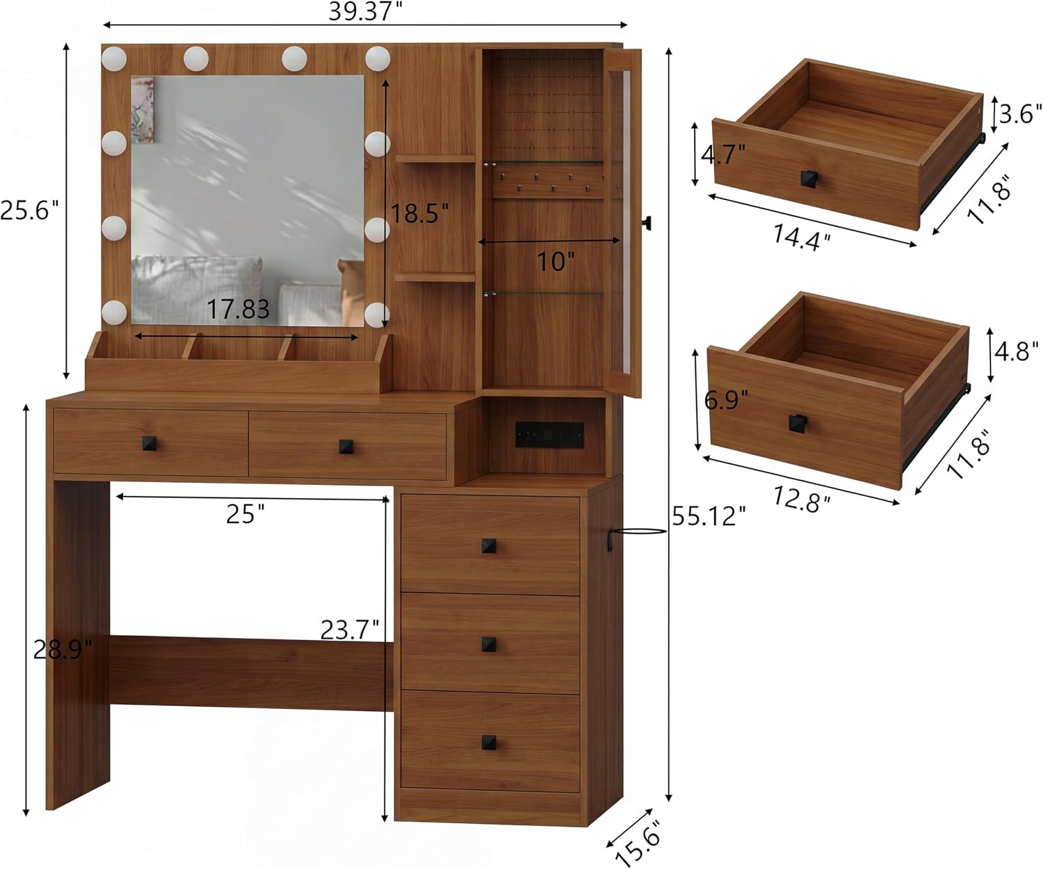 Walnut LED Vanity Desk with 5 Drawers