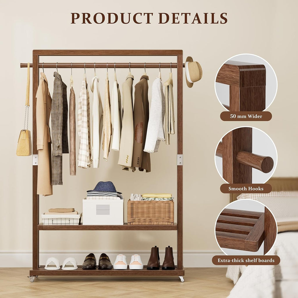 Solid Wood Clothing Rack with Wheels & 2 Shelves