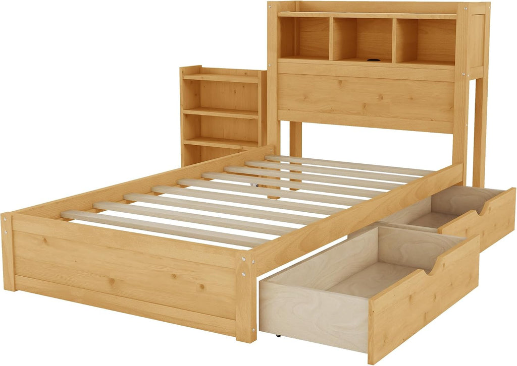 Natural Twin Bed with Storage Headboard & Drawers