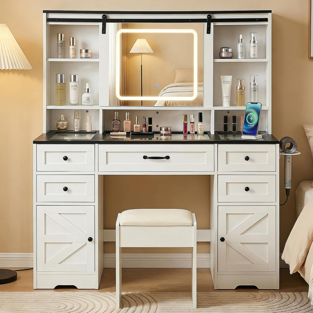 White Glass Top LED Vanity Desk