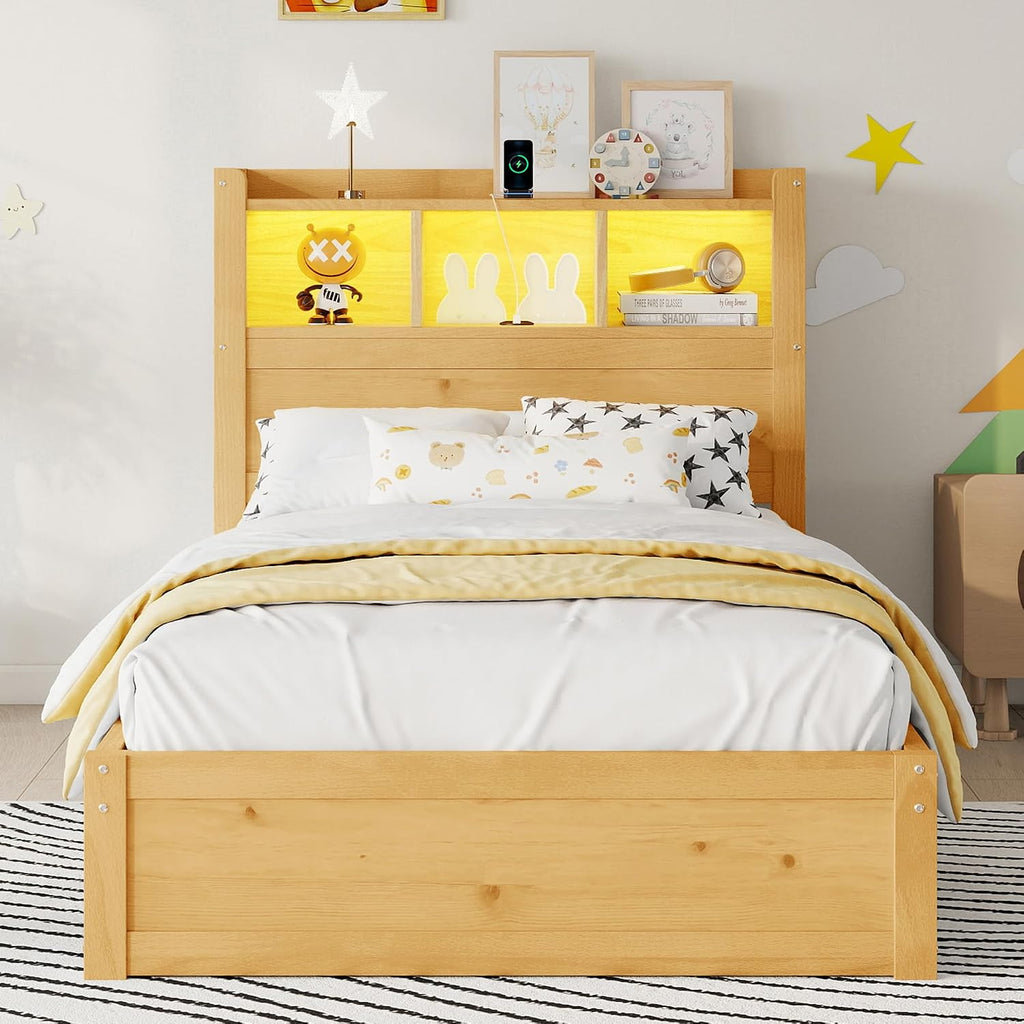 Natural Twin Bed with Storage Headboard & Drawers