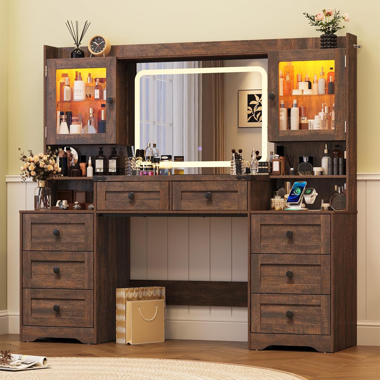 60" Farmhouse LED Glass Vanity, Rustic Brown