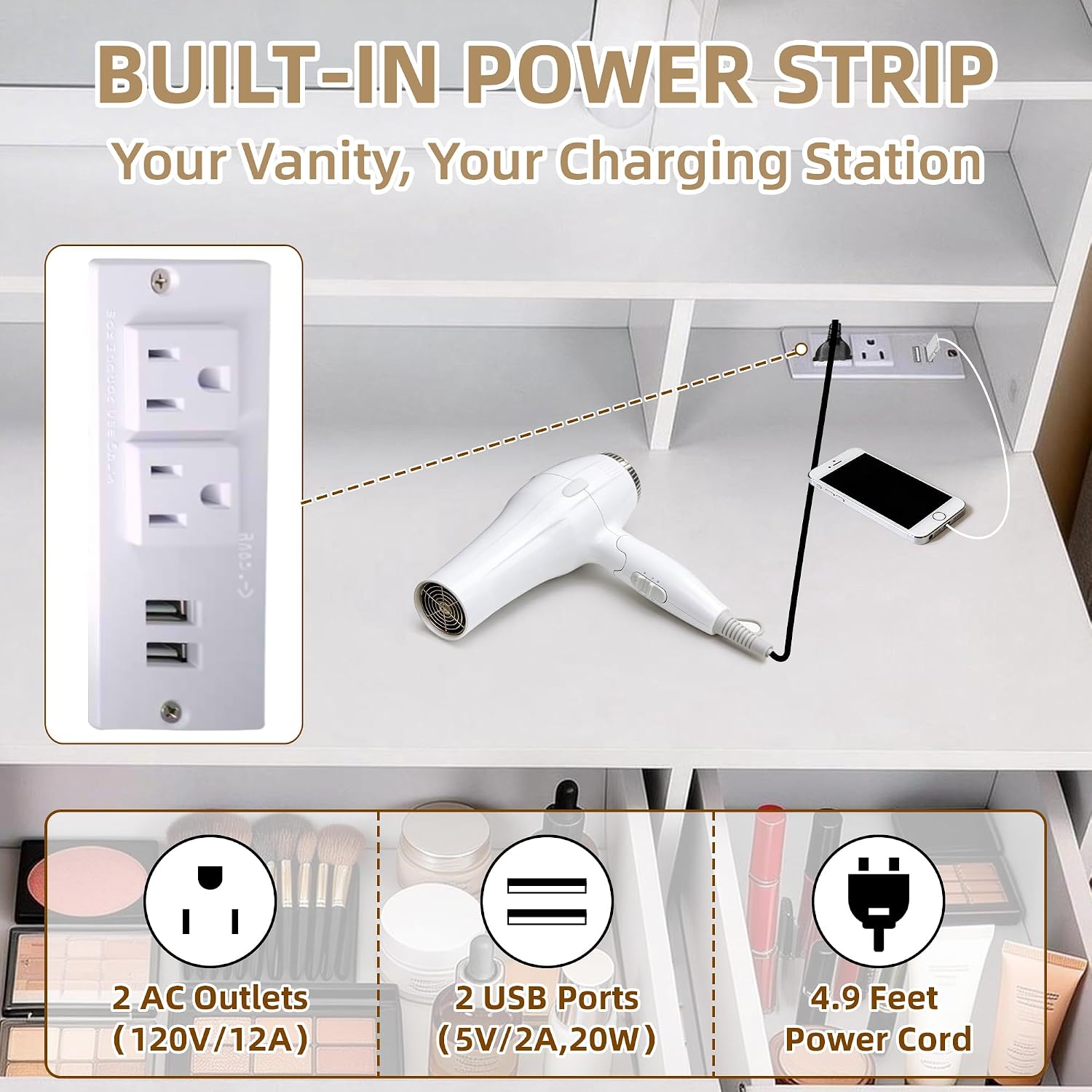 42" White LED Vanity Desk with Power Outlet & Storage