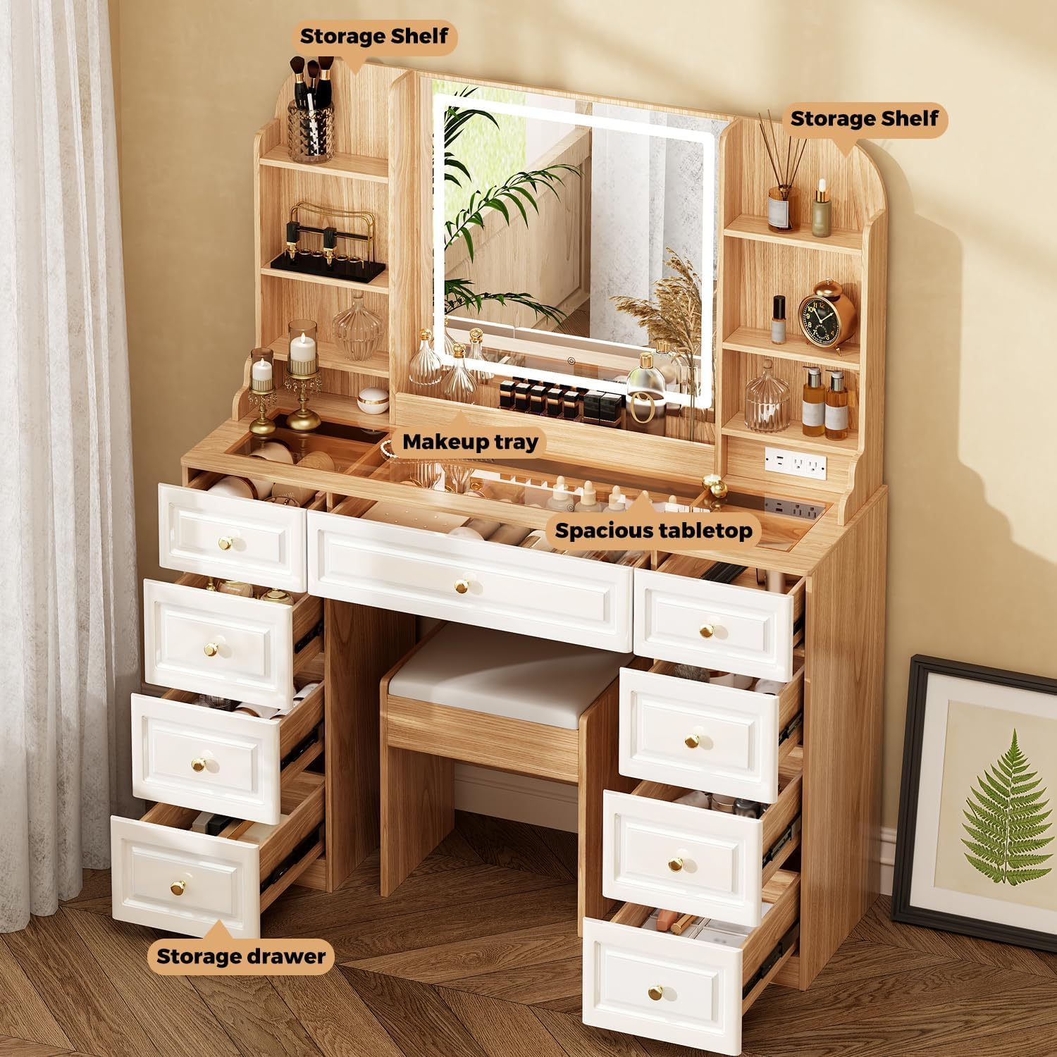 43" Oak Glass Top LED Vanity Set