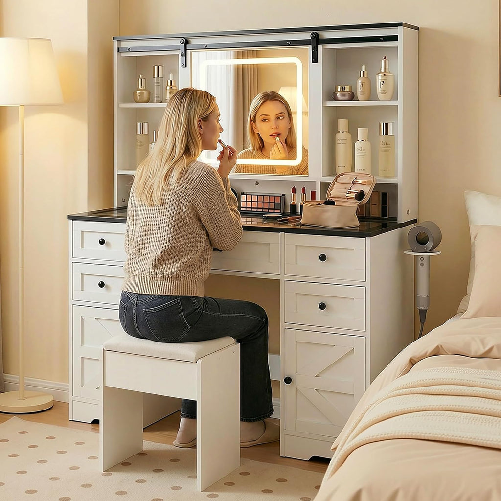 White Glass Top LED Vanity Desk